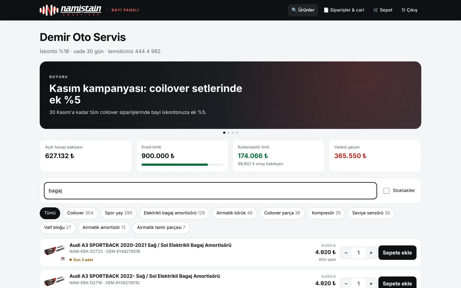 B2B bayi portalı ana ekranı